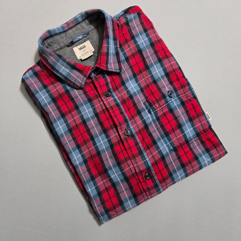 Vans Button Shirt Mens Large Red Blue Plaid Short Sleeve‎ Casual Skate